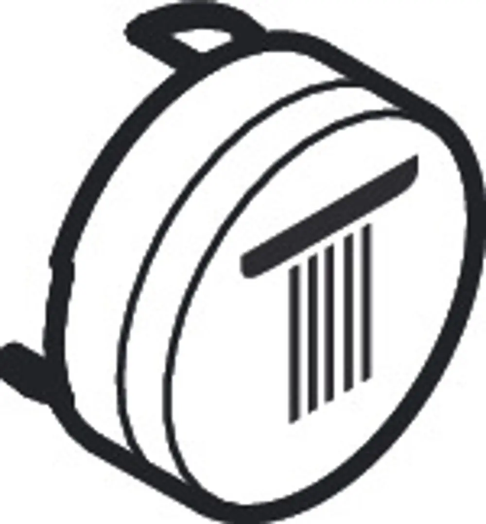 Weißes Druckknopf-Symbol für eine Hansgrohe Kopfbrause, dargestellt als runde Form mit vertikalen Linien. Ideal für die Betätigung eines Duschsystems.